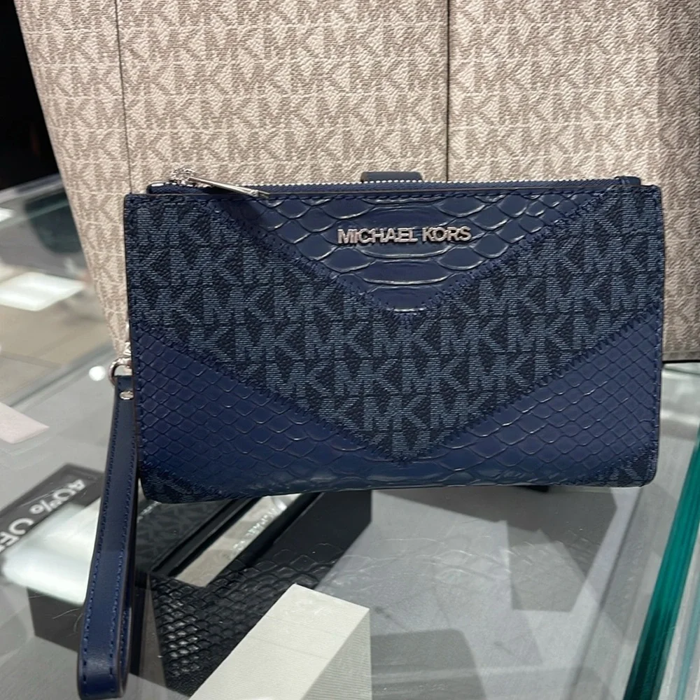 MICHAEL KORS JST LG DOUBLE ZIP WRISTLET WALLET PHONE HOLDER Navy Multi NWT